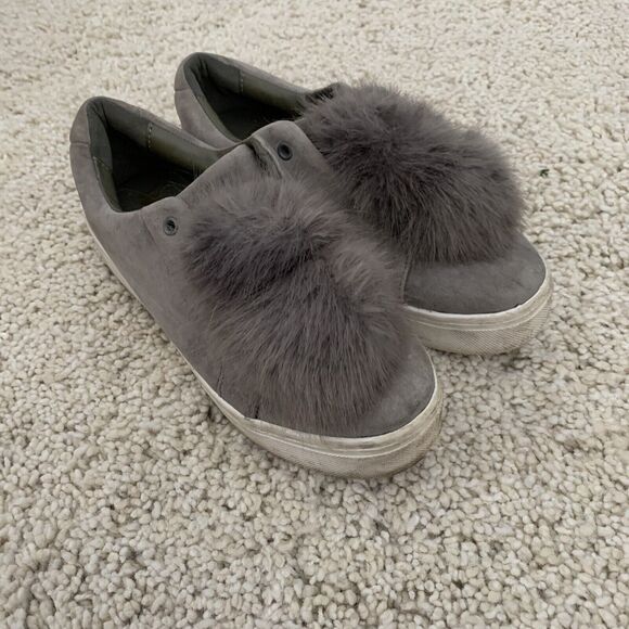 Sam Edelman Shoes Womens 6.5 LEYA Gray Suede Leather Pom Pom Fur Slip-On Sneaker - Picture 1 of 7